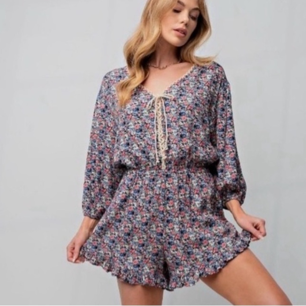 easel Floral Print Romper in Blue, Pink, Cream